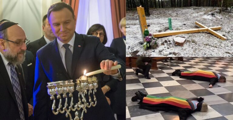 Symboliczna asymetria: z jednej strony prezydent Andrzej Duda podczas zapalenia świec chanukowych, z drugiej - bezkarne akty profanacji kościołów: ścinanie krzyża i akcje aktywistów LGBT w świątyniach
