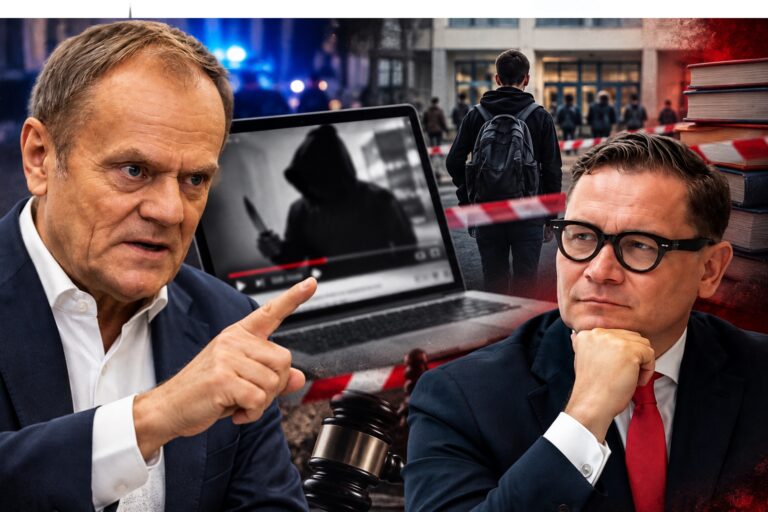 Premier Donald Tusk i publicysta Robert Bagiński. Komentator ostro krytykuje wykorzystywanie tragedii w polskich szkołach do politycznego sporu z prezydentem Karolem Nawrockim. Zdaniem Bagińskiego zapowiedzi rządu dotyczące blokowania treści w internecie mogą stanowić zagrożenie dla wolności słowa.